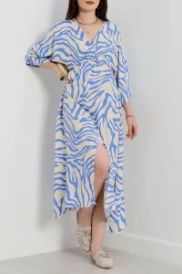 Kruvaze Yaka Desenli Elbise Kremmavi - 90354.1247.