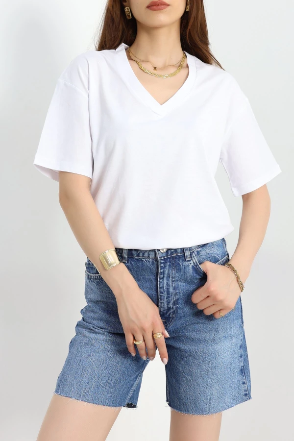 V Yaka Oversize Lüx Penye Beyaz - 90900.1878.