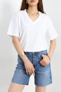 V Yaka Oversize Lüx Penye Beyaz - 90900.1878.