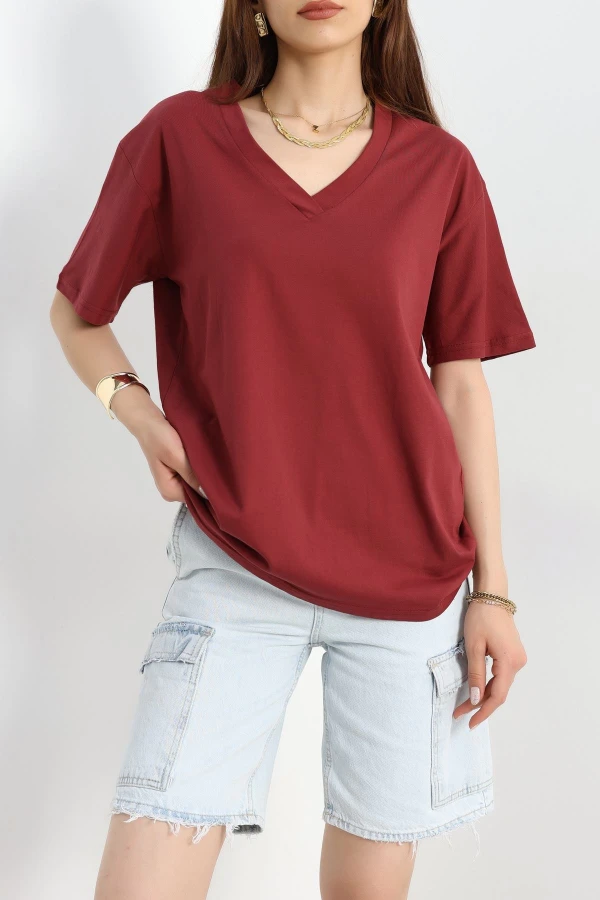 V Yaka Oversize Lüx Penye Bordo - 90900.1878.