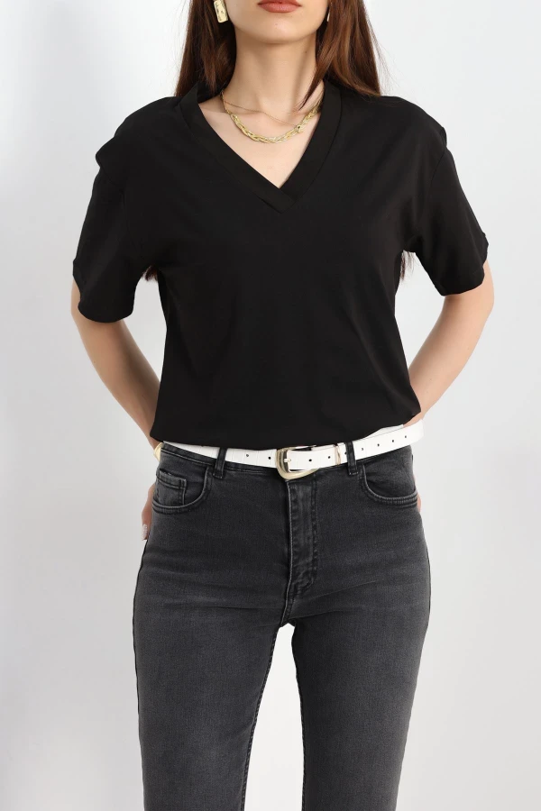 V Yaka Oversize Lüx Penye Siyah - 90900.1878.