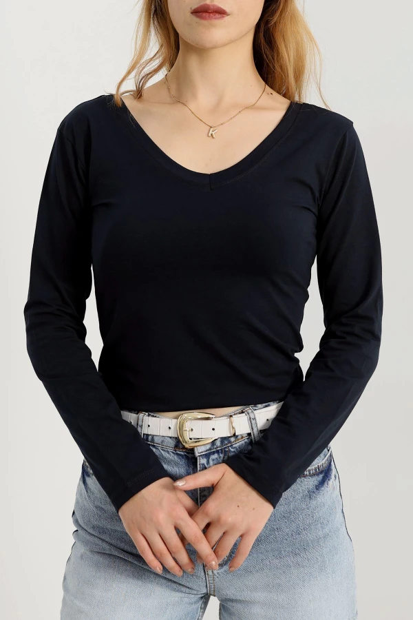 Ön Arka V Yaka Likralı Kompak Body Lacivert - 90940.1878.