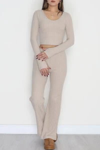 Parmak Geçmeli V Yaka İspanyol Pantolon Crop Takım Bej - 90960.1748.