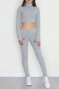 Parmak Geçmeli Yarım Dik Yaka Likralı Raporlu İnterlok Takım Gri - 90968.1748.