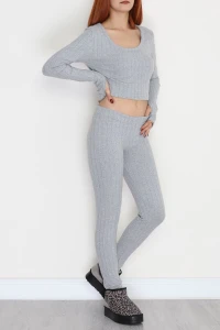 Parmak Geçmeli U Yaka Raporlu İnterlok Takım Gri - 90975.1748.