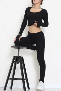 Parmak Geçmeli U Yaka Raporlu İnterlok Takım Siyah - 90975.1748.