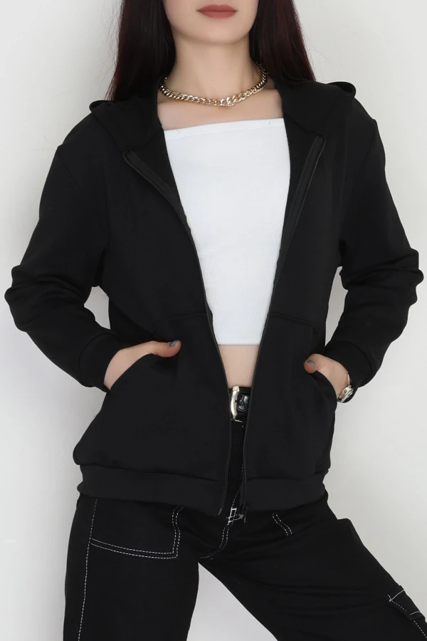 Kapşonlu Fermuarlı Modal Sweat Siyah - 90977.1837.