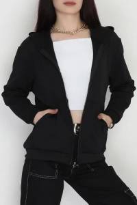 Kapşonlu Fermuarlı Modal Sweat Siyah - 90977.1837.