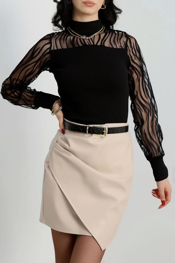 Kol Yaka Tül Kaşkorse Bluz Siyah - 1785.1095.