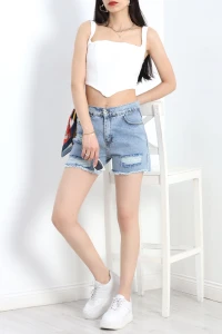 Püsküllü Kot Şort Buzmavi - 19457.1778.