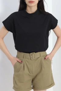 Dik Yaka Kısa Kol Pamuklu Kısa Tişört Siyah - 19588.200.