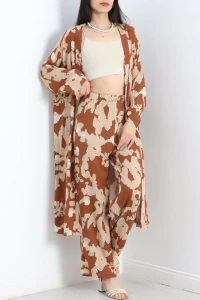 Desenli Kimono Takım Bejkahve - 19767.1247.