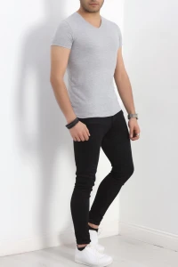 Erkek Slim Fit Kısa Kol V Yaka Body Gri - 19956.200.