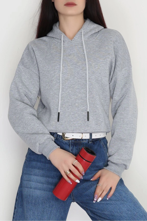 3 İplik Kapşonlu Crop Sweat Gri - 20959.1878.