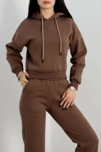 3 İplik Kapşonlu Crop Sweat Kahve - 20959.1878.