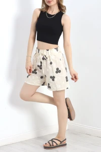 Desenli Keten Şort Bejsiyah - 30260.1837.