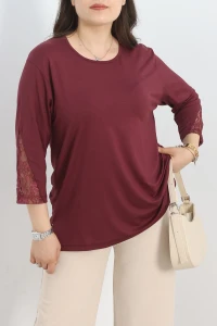 Kolları Dantelli Büyük Beden Bluz Bordo - 50165.1954.