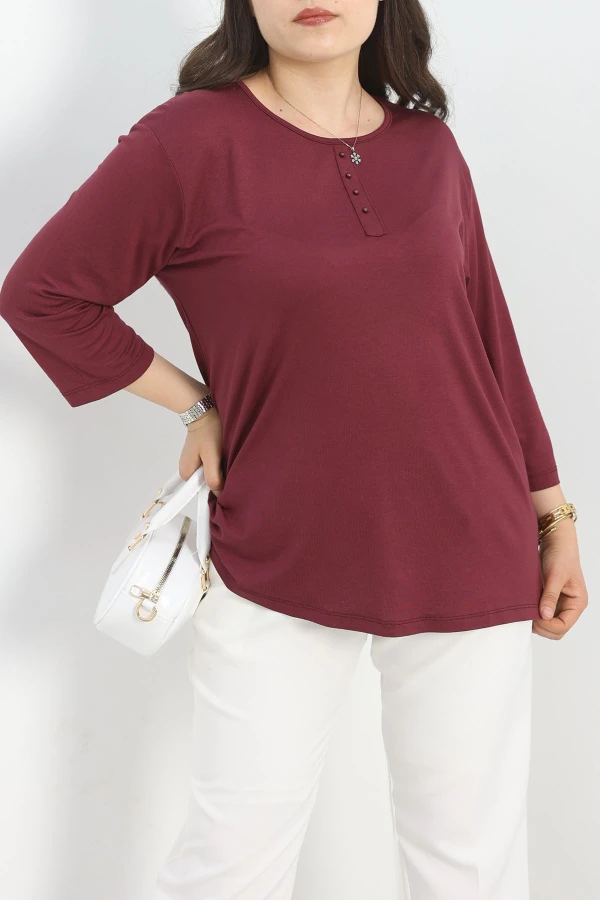Düğme Detay Büyük Beden Bluz Bordo - 50340.1954.