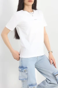 Baskılı Bisiklet Yaka Lüks Penye Tişört Beyaz - 60242.1878.