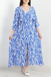 Kruvaze Yaka Desenli Elbise Mavi - 707.1247.