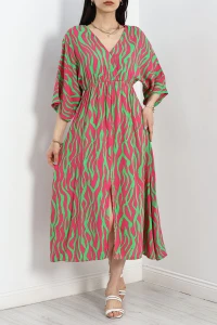 Kruvaze Yaka Desenli Elbise Fuşyayeşil - 707.1247.