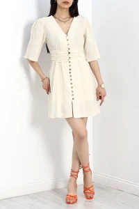 Düğmeli Keten Elbise Krem - 960.1247.