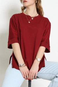 Duble Kol Yırtmaçlı 2 İplik Tişört Bordo - 20701.1878.