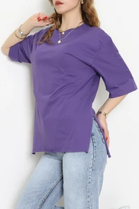 Duble Kol Yırtmaçlı 2 İplik Tişört Mor - 20701.1878.