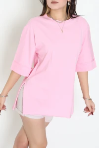 Duble Kol Yırtmaçlı 2 İplik Tişört Pembe - 20701.1878.