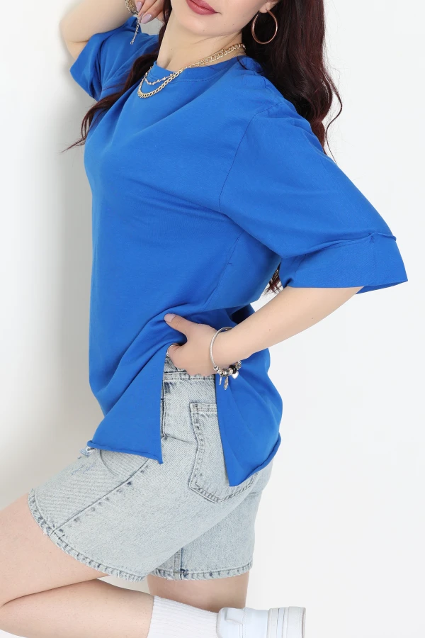 Duble Kol Yırtmaçlı 2 İplik Tişört Saks - 20701.1878.