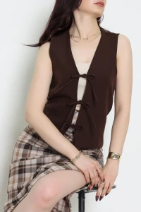 Dabıl Kumaş Astarlı Bağlamalı Yelek Kahve - 21770.1991.