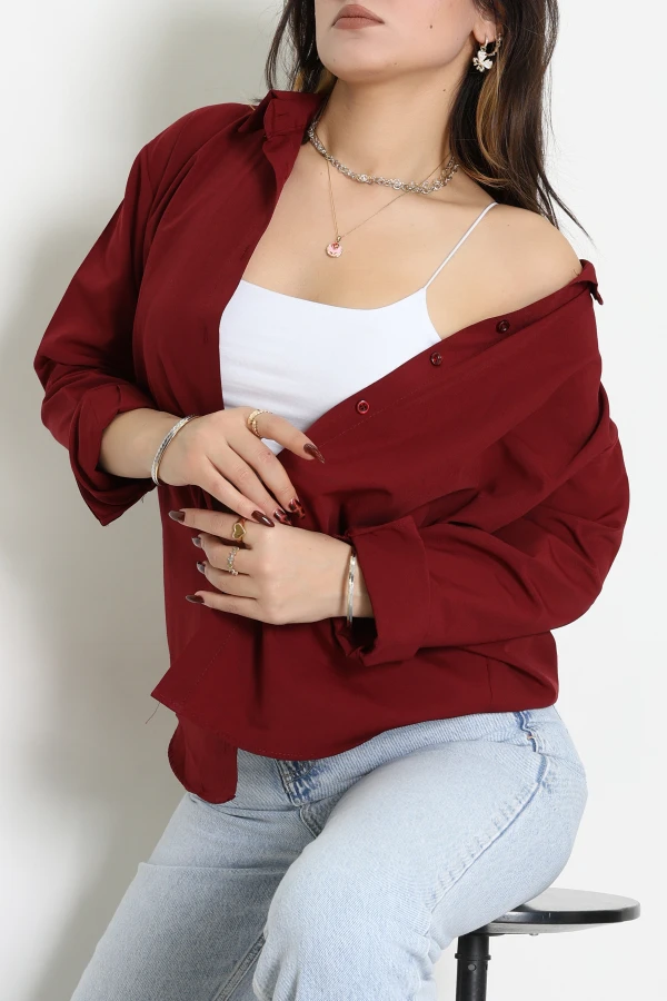 Terikoton Oversize Gömlek Bordo - 3080.2131.