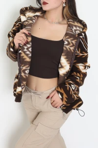 Baskılı Kapşonlu Polar Ceket Kahveetnik - 31711.1247.