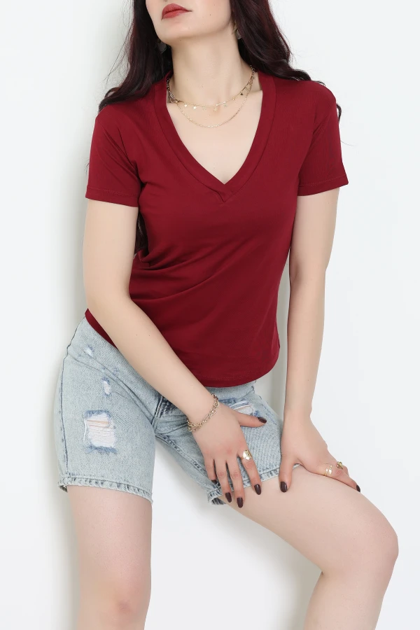 V Yaka Kompak Lüx Penye Tişört Bordo - 4001.1878.