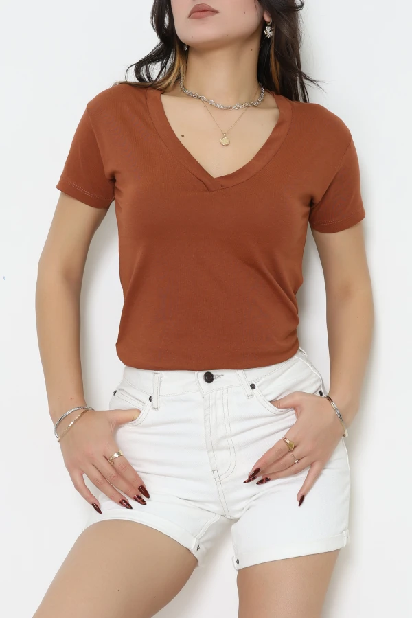 V Yaka Kompak Lüx Penye Tişört Kiremit - 4001.1878.