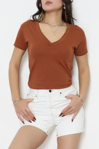 V Yaka Kompak Lüx Penye Tişört Kiremit - 4001.1878.