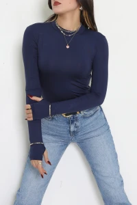 Dik Yaka Parmak Geçmeli Viskon Body İndigo - 40076.599.