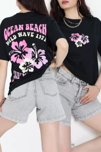 Baskılı Kompakt Penye Tişört Siyahpembe - 55044.1872.