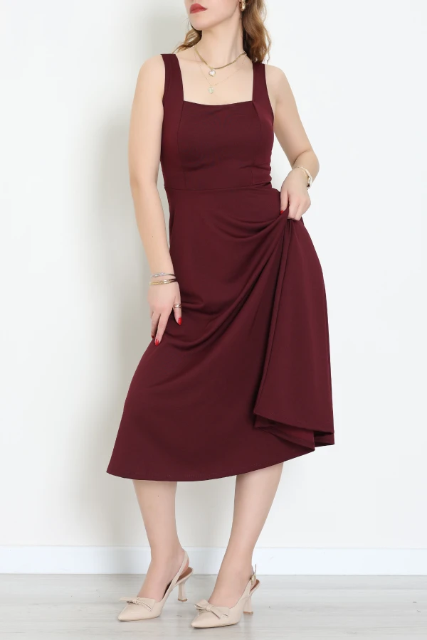 Kare Yaka Midi Elbise Bordo - 583208.1592.