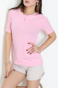 Baskılı Bisiklet Yaka Lüks Penye Tişört Pembe - 60242.1878.