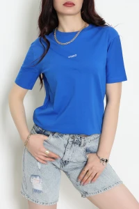 Baskılı Bisiklet Yaka Penye Tişört Saks - 60242.1878.