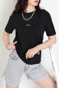 Baskılı Bisiklet Yaka Lüks Penye Tişört Siyah - 60242.1878.