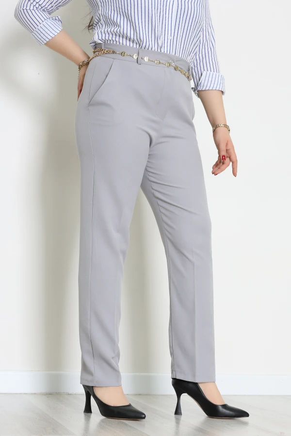 Dabıl Kumaş Önü Düğmeli Arkası Lastikli Pantolon Gri - 70879.2061.