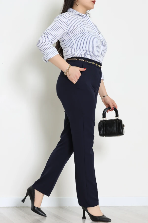 Dabıl Kumaş Önü Düğmeli Arkası Lastikli Pantolon Lacivert - 70879.2061.