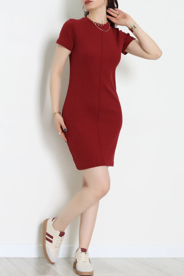 Bisiklet Yaka Kaşkorse Elbise Bordo - 70896.1567.