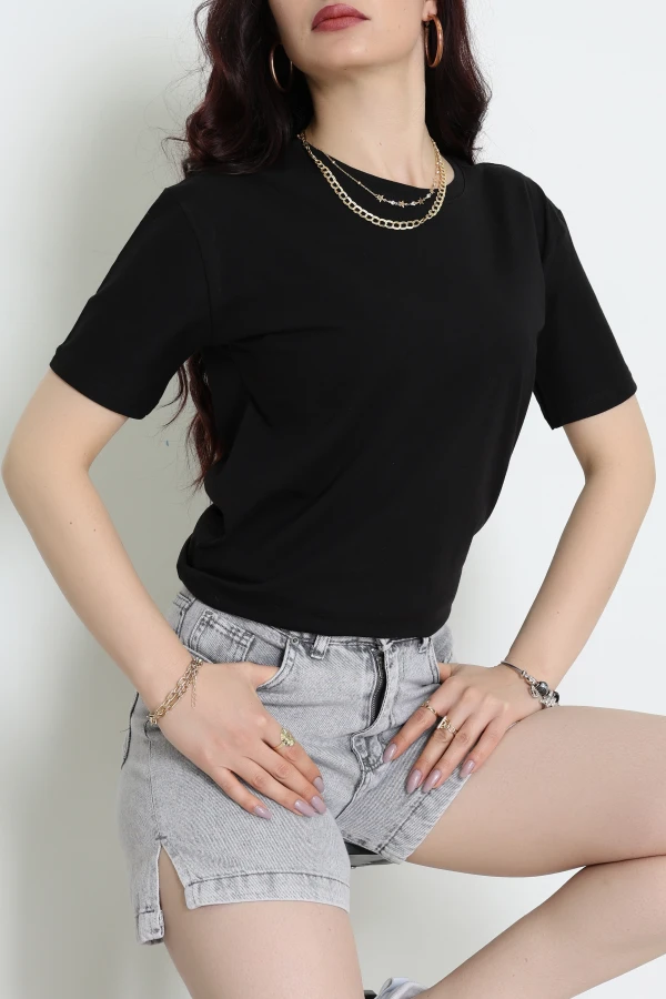 Bisiklet Yaka Lüks Penye Tişört Siyah - 80100.1878.