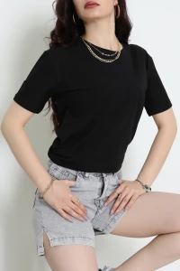 Bisiklet Yaka Lüks Penye Tişört Siyah - 80100.1878.