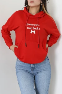 2 İplik Kapşonlu Nakışlı Sweat Kırmızıekru - 42711.1878.