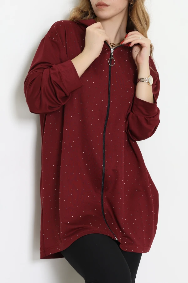 Kristal İki İplik Fermuarlı Sweat Bordo - 55066.1990.