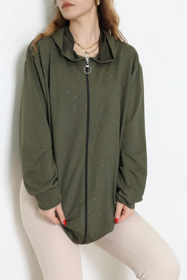 Kristal İki İplik Fermuarlı Sweat Haki - 55066.1990.